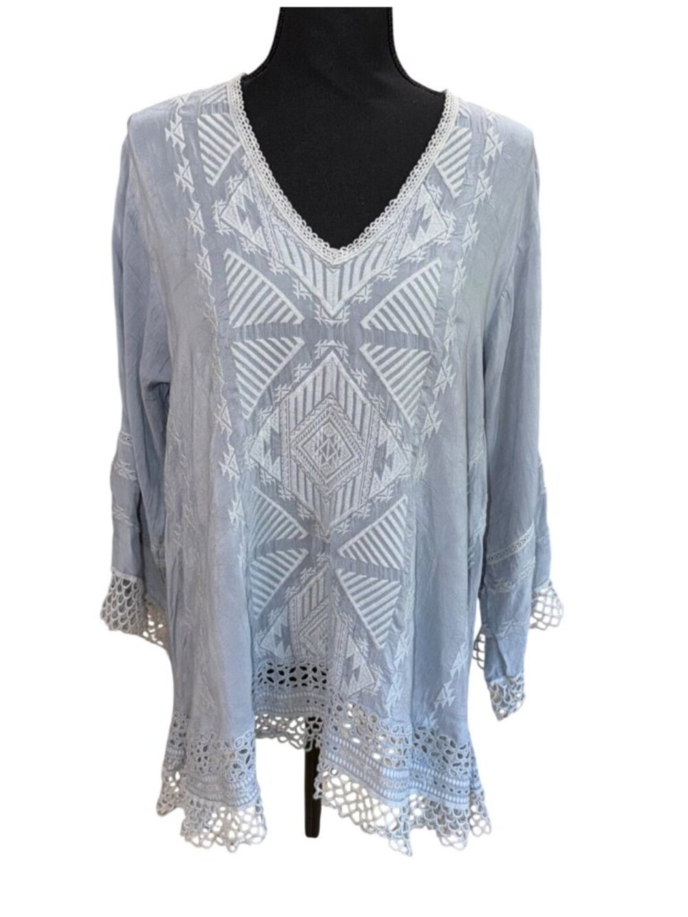 Johnny Was Lt Grey Embroidered Lace Crochet Tunic Top Womens M Boho Southwestern